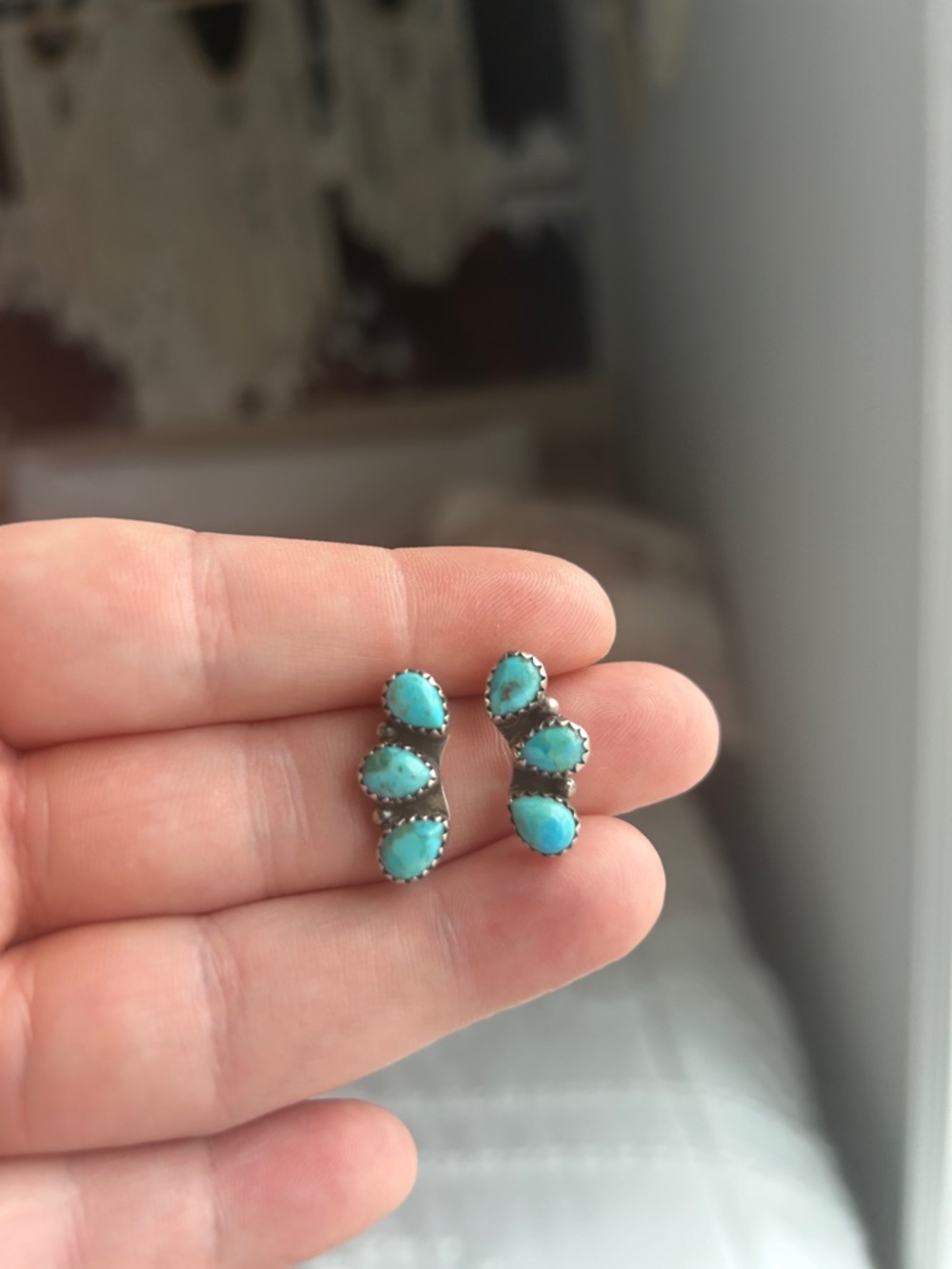 Turquoise 3 Stone Cluster Stud Earrings